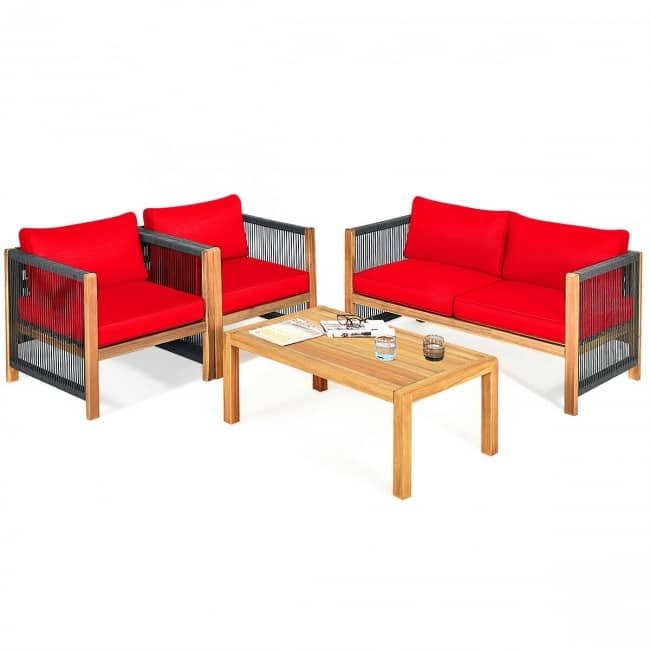 4 Pcs Acacia Wood Outdoor Patio Furniture Set with Cushions - 52" x 26" x 25" (L x W x H)