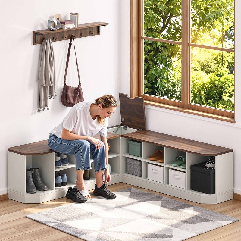 Moasis Corner L-Shaped Shoe Rack with Bench & Hooks