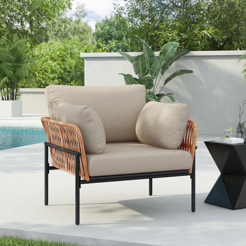 Iron Lounge Chair with Rope Weave and Plush Cushions
