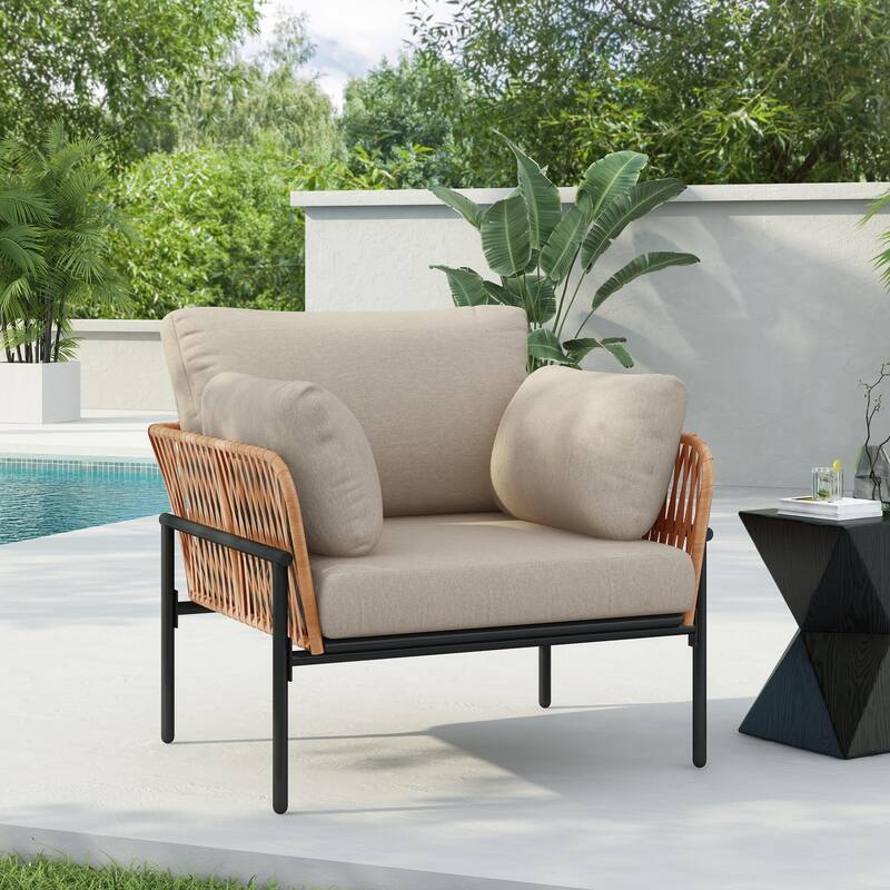 Outdoor Rope Weave Lounge Chair, Modern Patio Accent Armchair with Metal Frame & Cushions for Backyard, Balcony, Living Room