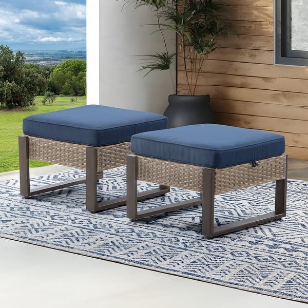 slide 2 of 21, Cozywor 2-Piece Wicker Outdoor Patio Ottoman with Steel Frame and Cushions Dark Blue