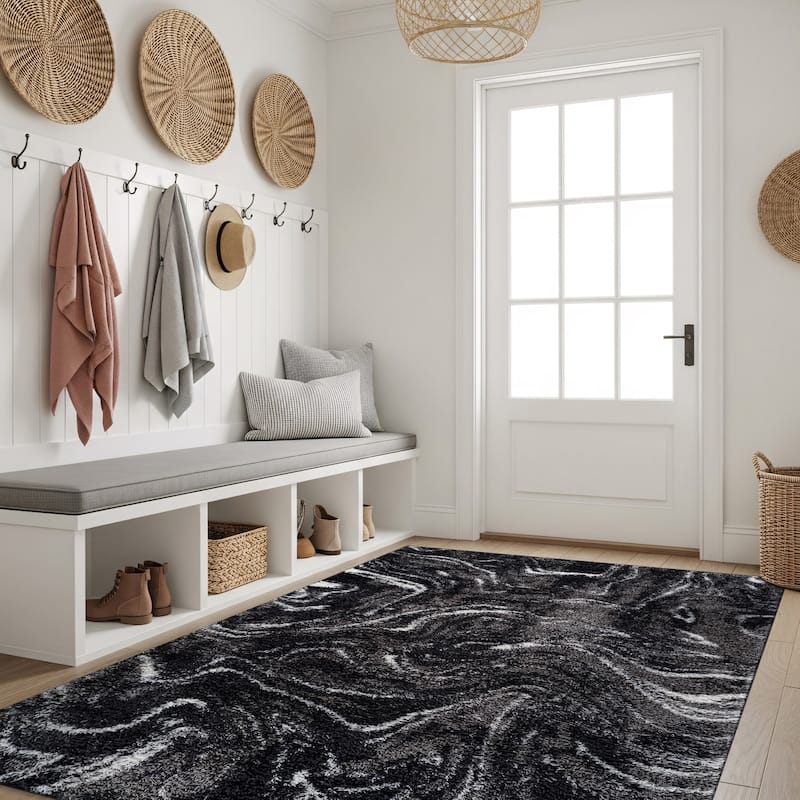 Abstract Marble Shag Rug - Anthracite Dark Gray - Plush Medium Pile, Durable with Jute Backing - Anthracite - 4' x 6'