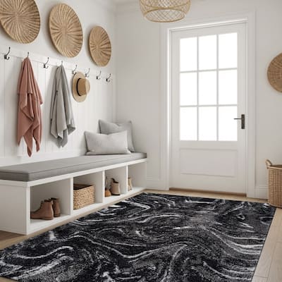Abstract Marble Shag Rug - Anthracite Dark Gray - Plush Medium Pile, Durable with Jute Backing
