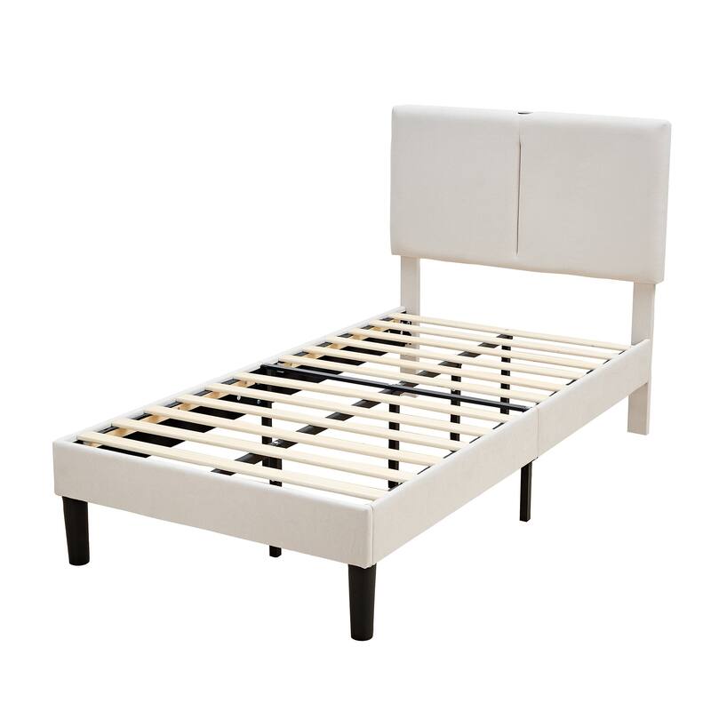 Javlergo Upholstered Platform Bed Frame with 2 USB Charging Station & Adjustable Headboard, No Box Spring Needed