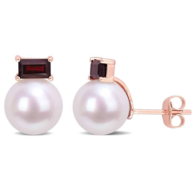 Miadora 9-9.5mm Cultured Freshwater Pearl and 4/5 CT TGW Garnet Stud Earrings in 10k Rose Gold