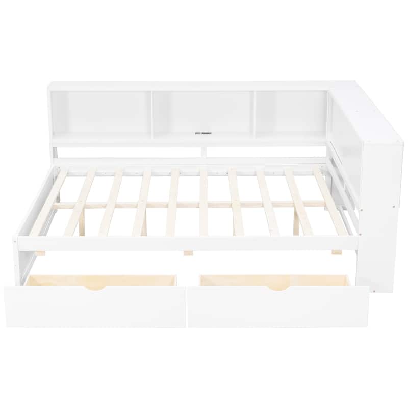 Queen Size Wood Daybed with LED Storage Shelves, USB Ports, and 2 Drawers by Harper&Bright Designs