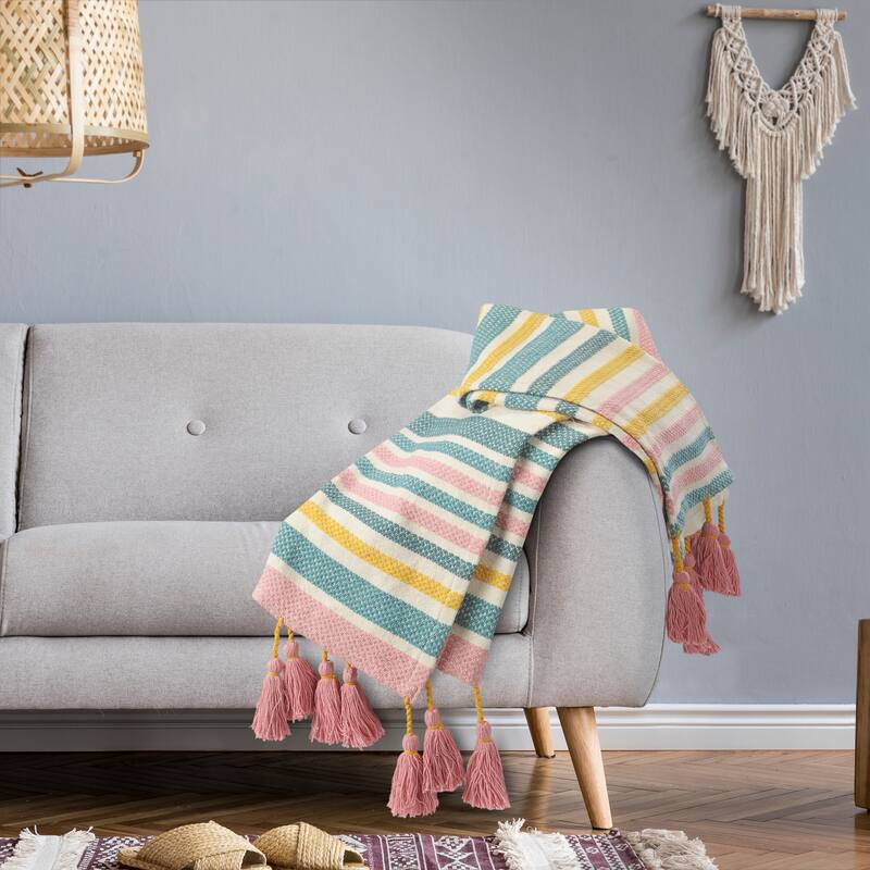 Sevita Pink, Blue, and Sunny Striped Standard Size Throw Blanket with Tassels