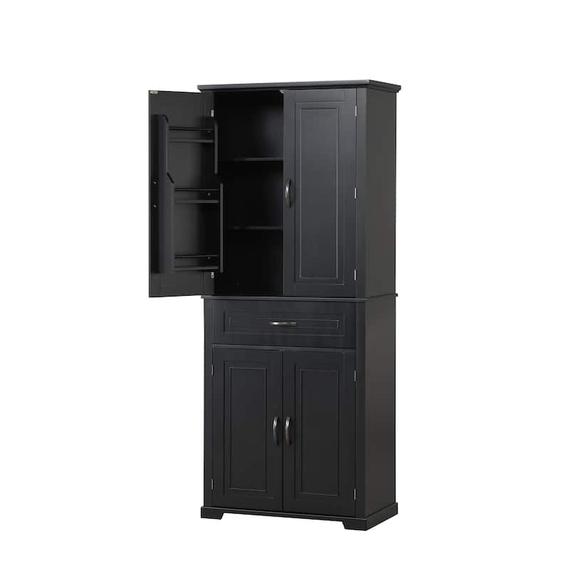 Tall Bathroom Storage Cabinet, Freestanding Organizer Cabine, Wooden Pantry with Adjustable Shelf, 4 Doors and Drawer