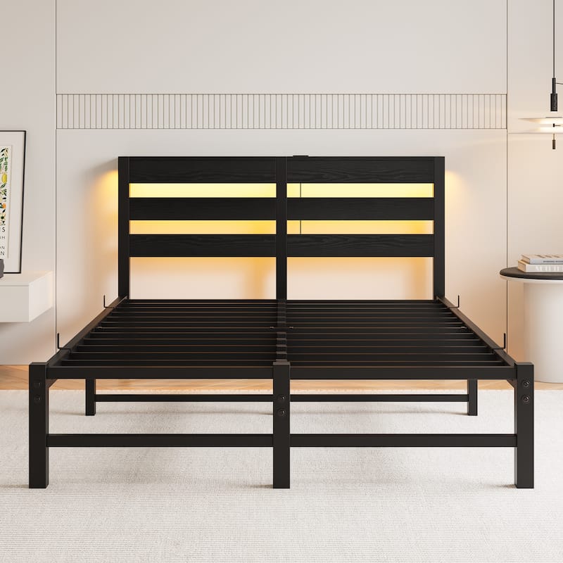Full Size Modern Metal Bed with Wooden Headboard, RGB Lights, and Storage Shelf