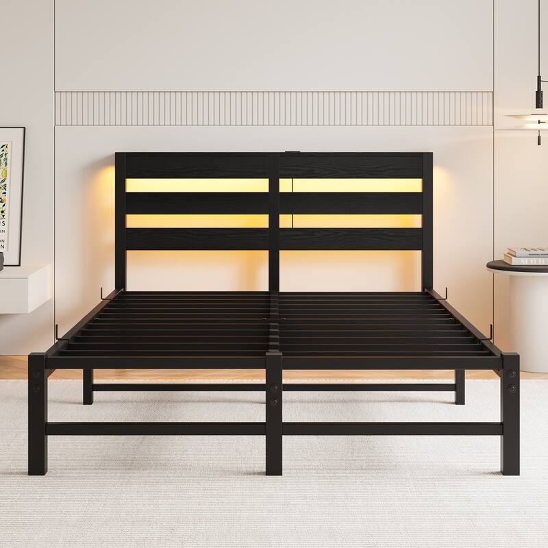Metal Bed Frame with Wooden Headboard, RGB Lights, Outlets & Charger, Storage Shelf