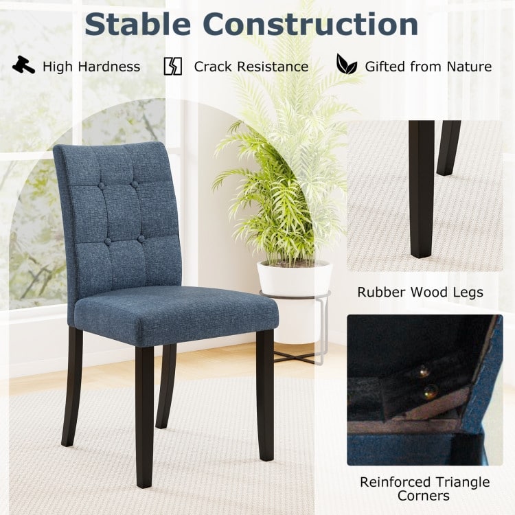 Dark Blue Rubber Wood Dining Chairs Set of 2 with Button Tufted Back Linen Fabric - 25" x 19.5" x 36"
