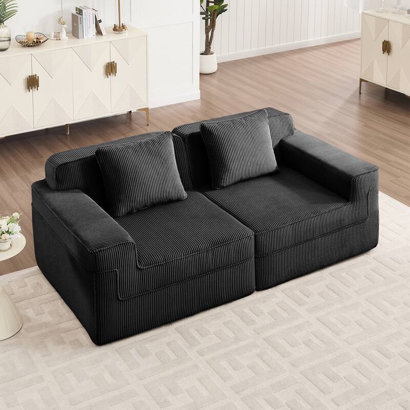Modular 2-Seat Boneless Sofa, Modern Sectional Couch with Deep Seats, Wide Armrests, Corduroy Loveseat with Throw Pillows - Black