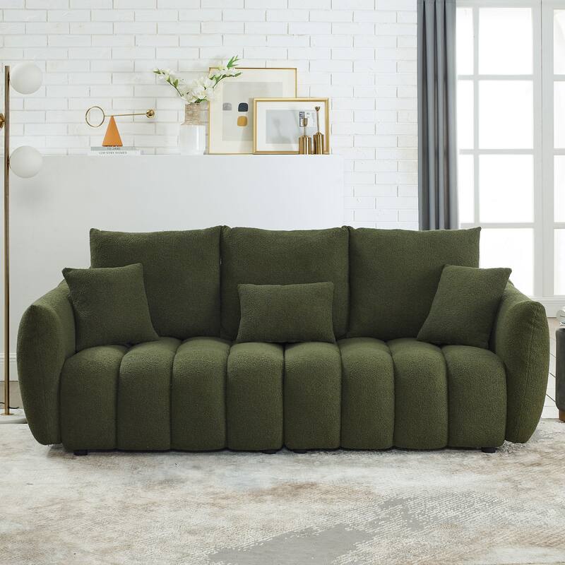 Elegant Teddy Fabric Sofa, Comfortable 3-Seater Couch with Plush Pillows and Chaise