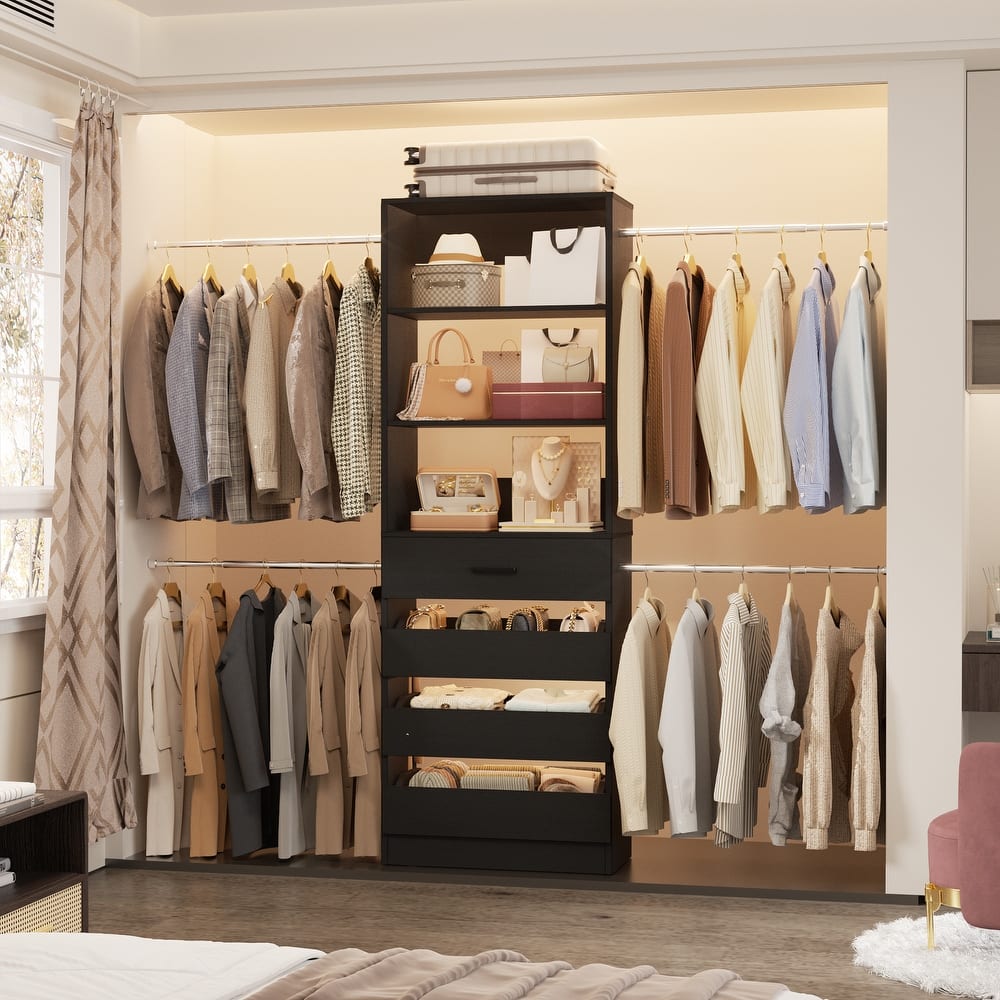 4-9FT Closet System with 4 Wooden Drawers and 4 Hanging Rods, Modern Walk-in Closet Organizer with Adjustable Tower Shelves