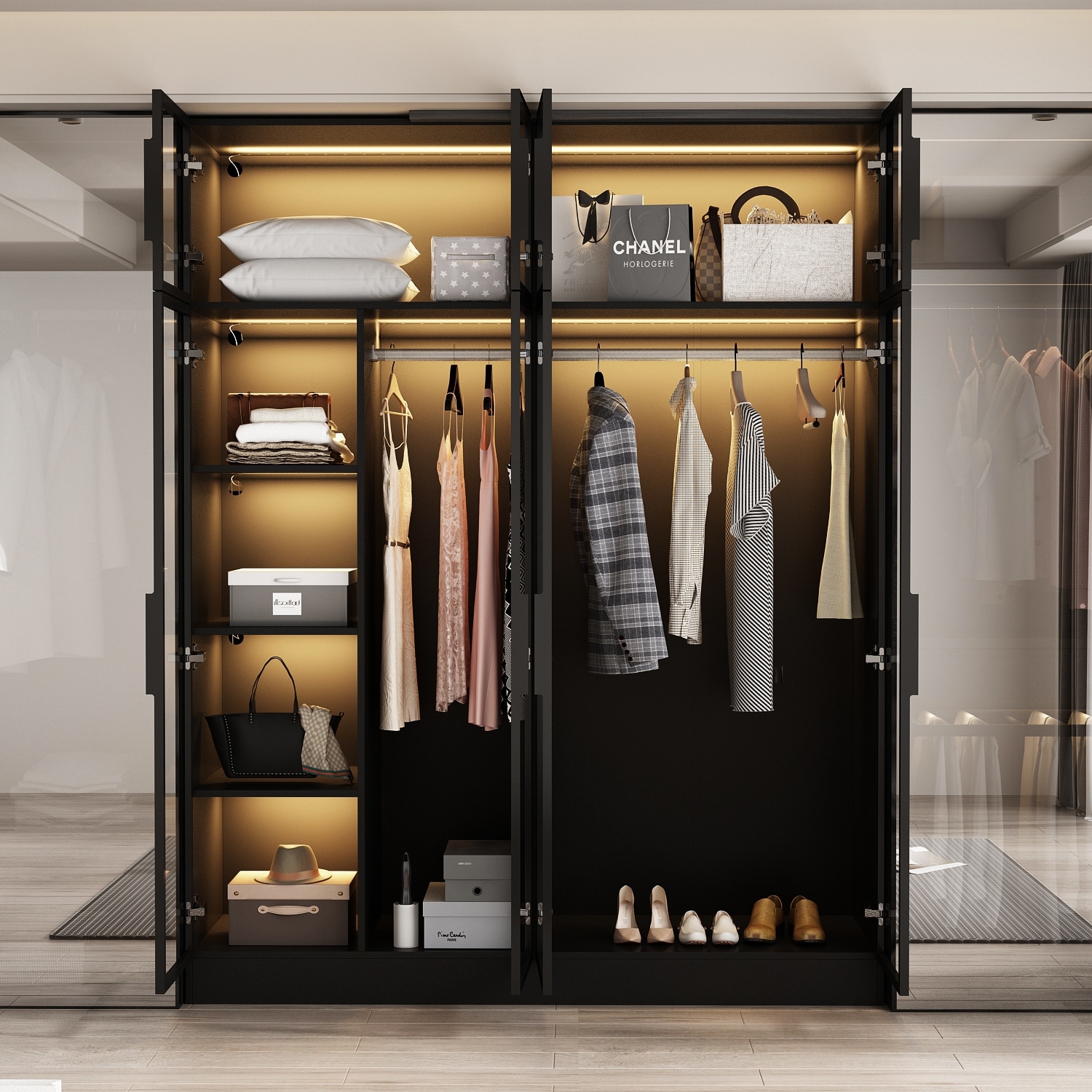 Sleek Bedroom Wardrobe with Three-Color LED Closet Cabinet