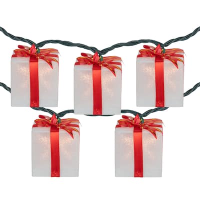10-Count White and Red Christmas Present Light Set- 7.5ft Green Wire - 7.5'