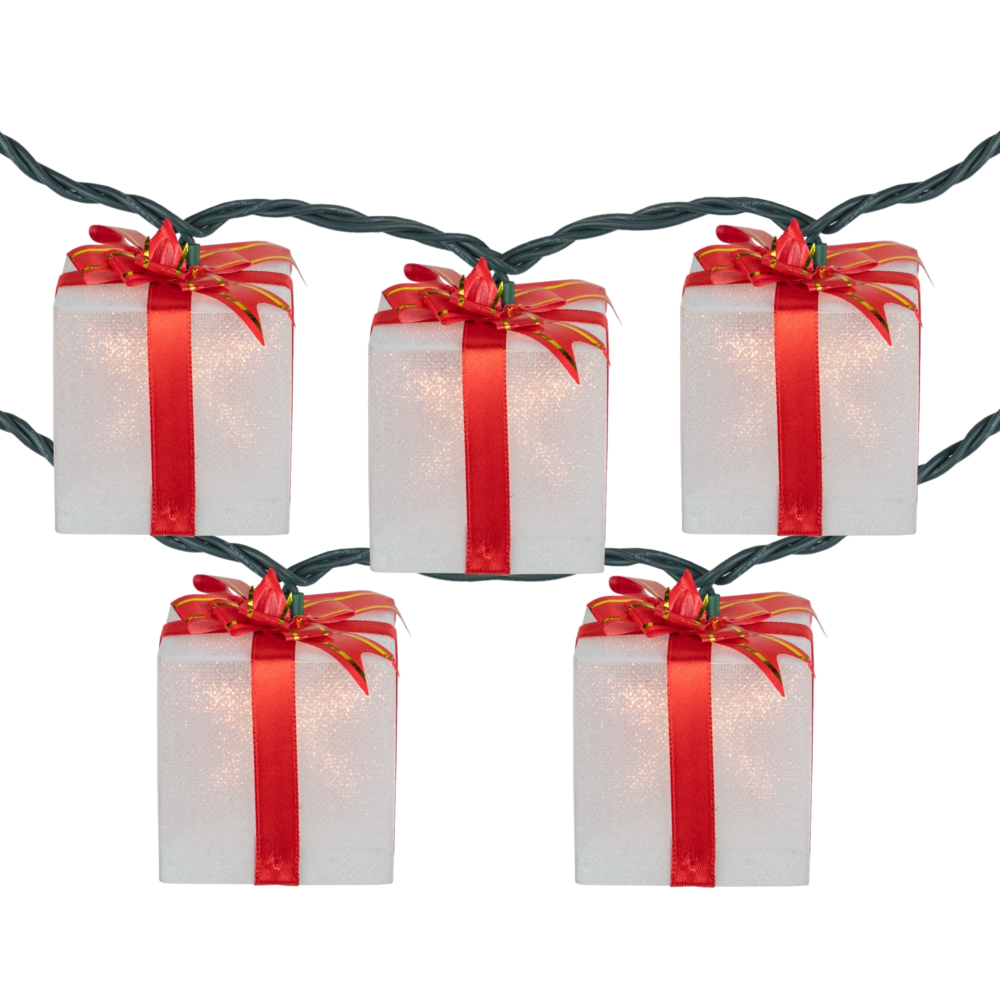 10-Count White and Red Christmas Present Light Set- 7.5ft Green Wire - 7.5'
