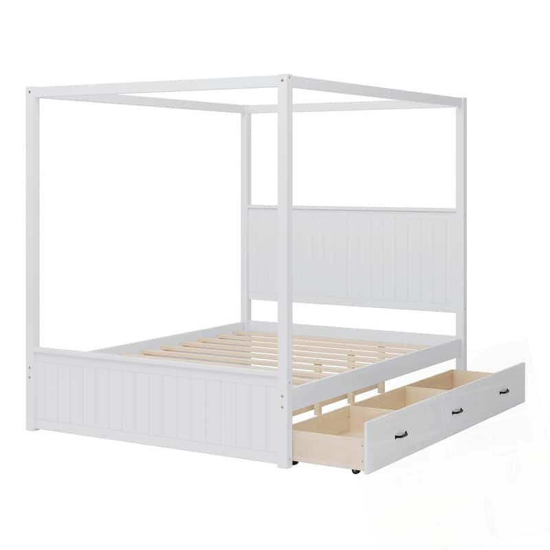 Modern Queen Size Canopy Platform Bed with Trundle and Three Storage Drawers
