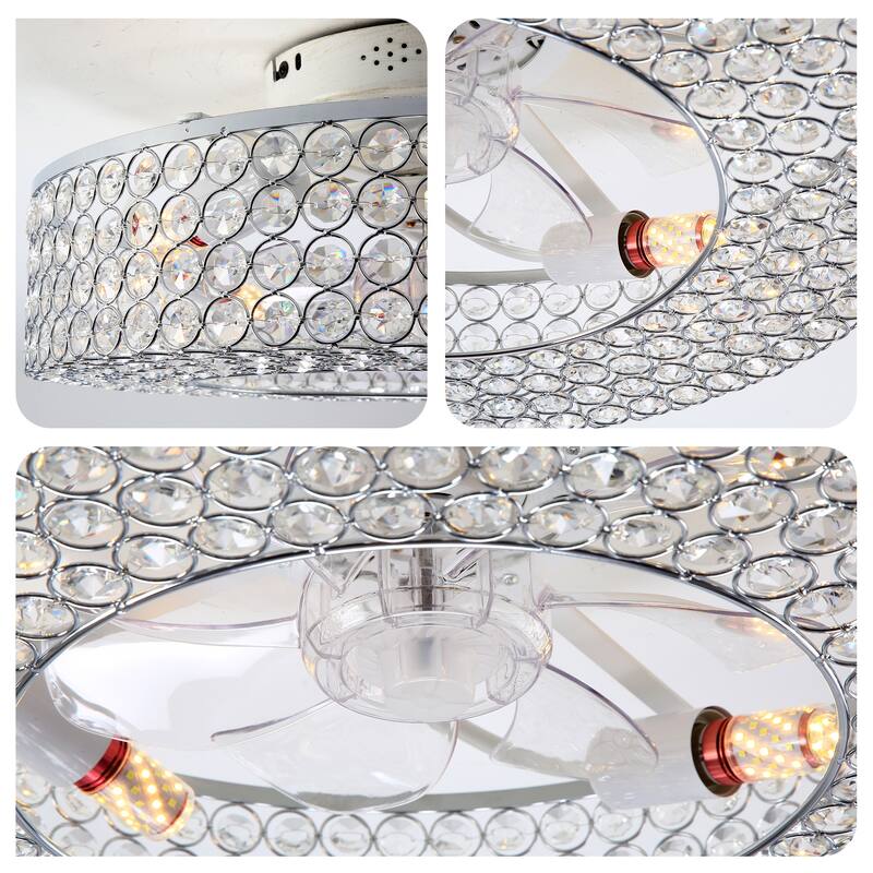 19.6'' Crystal Ceiling Fans with Remote, Flush Mount Ceiling Fan with Light, Chandelier Fan 6 Speed DC Motor Reversible