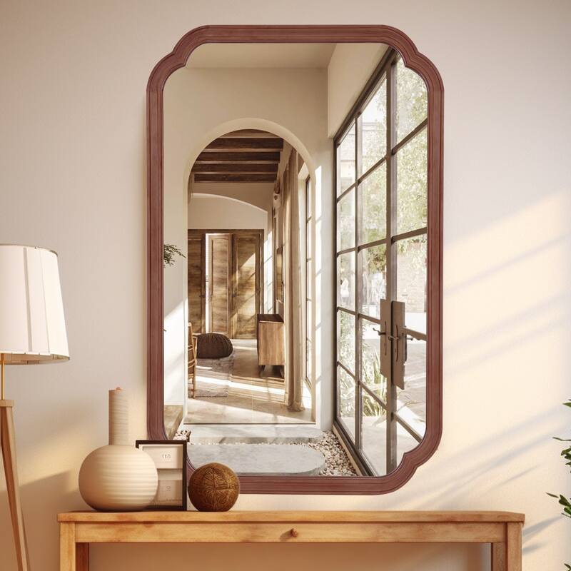 Decorative Scalloped Corner Rectangle Farmhouse Style Wall Mirror - 30" x 48" - Walnut