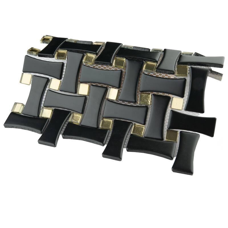 Merola Tile Metro Dog Bone Basketweave Matte Black with Glass Gold Dot 10" x 10" Porcelain Mosaic Wall Tile