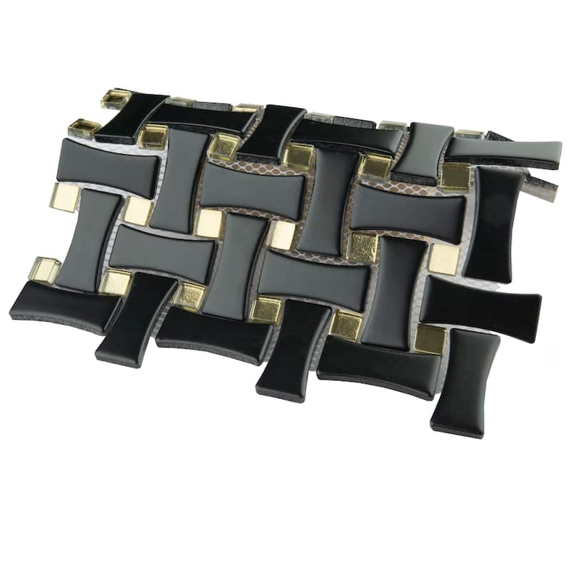 Merola Tile Metro Dog Bone Basketweave Matte Black with Glass Gold Dot 10" x 10" Porcelain Mosaic Wall Tile