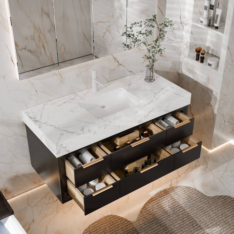 Modland 48" Modern Floating Bathroom Vanity with Single Sink, Soft-Close Drawers, White Stone Countertop