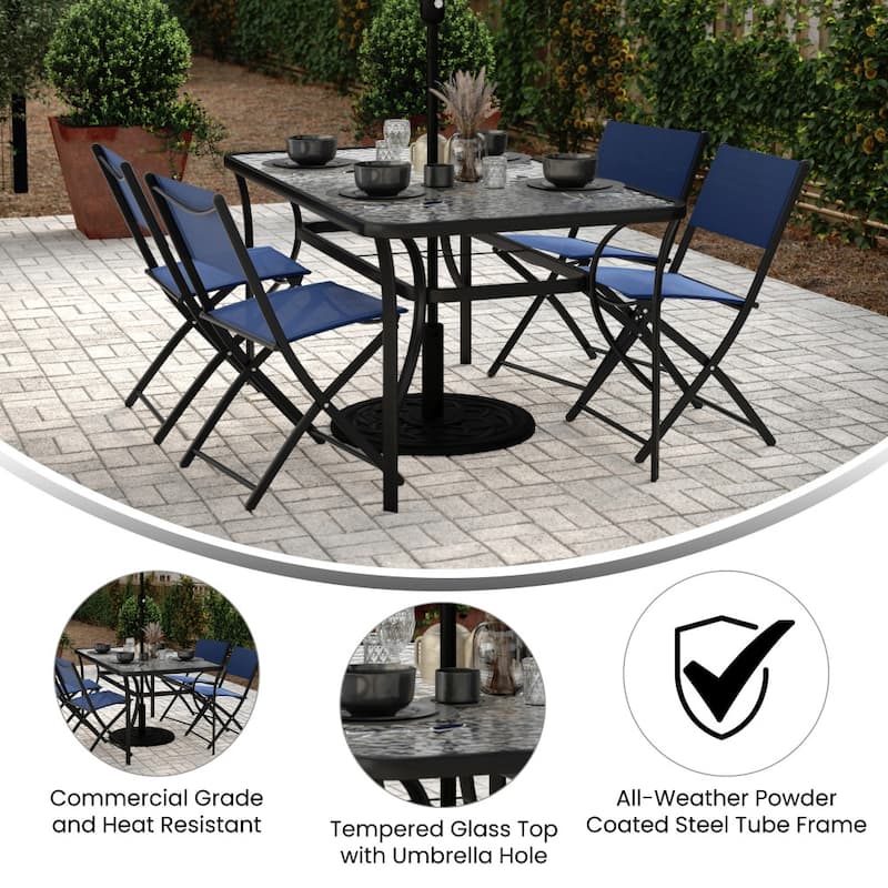 Commercial Tempered Glass and Steel Patio Table with Umbrella Hole