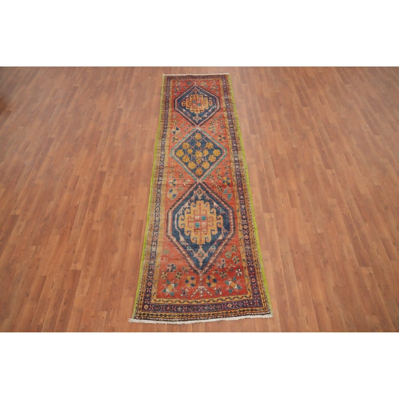 Hand Knotted Oriental 100% Wool Carpet Traditional Tribal Oranges & Rust Bakhtiari Runner Rug - 10' 0'' X 2' 11''