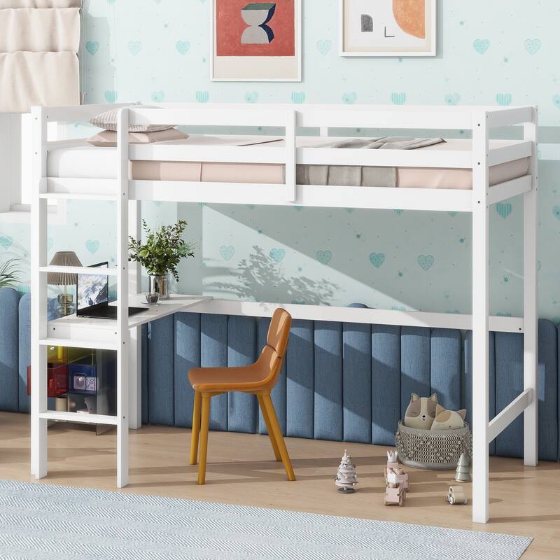 Twin High Loft Bed with Built-in Desk, Safety Guardrails, Ladder, and Rubber Wood Frame