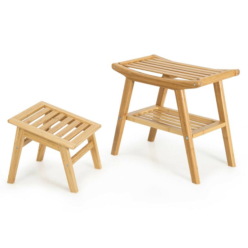 Bamboo Shower Seat Bench w/Underneath Storage Shelf, Spa Bath Seat - Natural