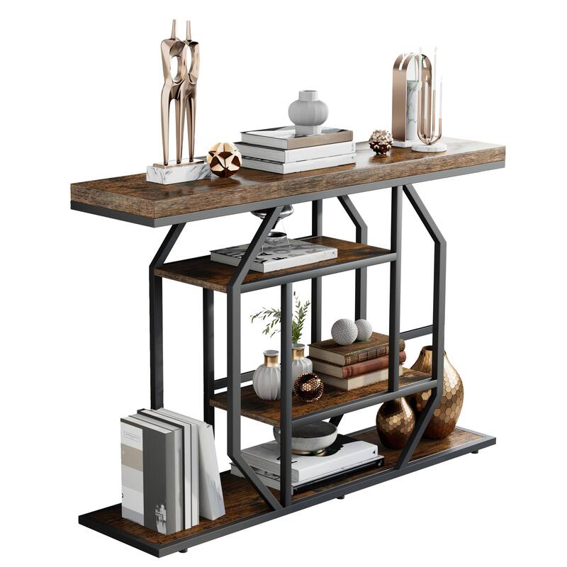 Console Table Industrial 4-Tier Entryway Table Narrow Wood Accent Tables with Storage Shelves for Living Room, Hallway, Foyer