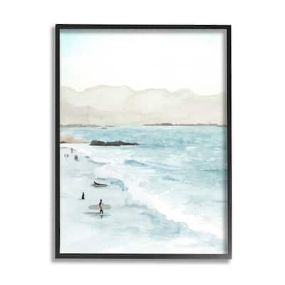 Stupell Surfing Shoreline Sea Waves Foggy Mountains Framed Wall Art, Design by Grace Popp - Blue