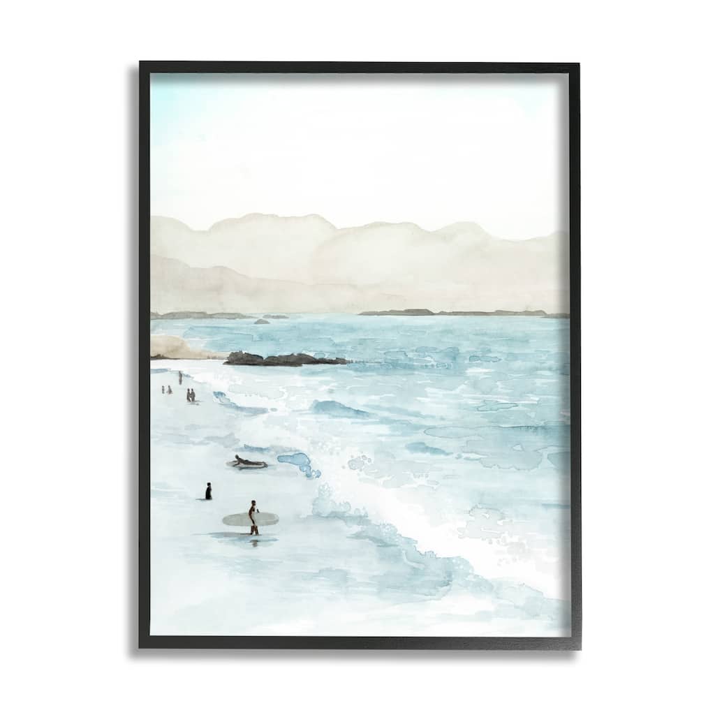 Stupell Surfing Shoreline Sea Waves Foggy Mountains Framed Wall Art, Design by Grace Popp - Blue