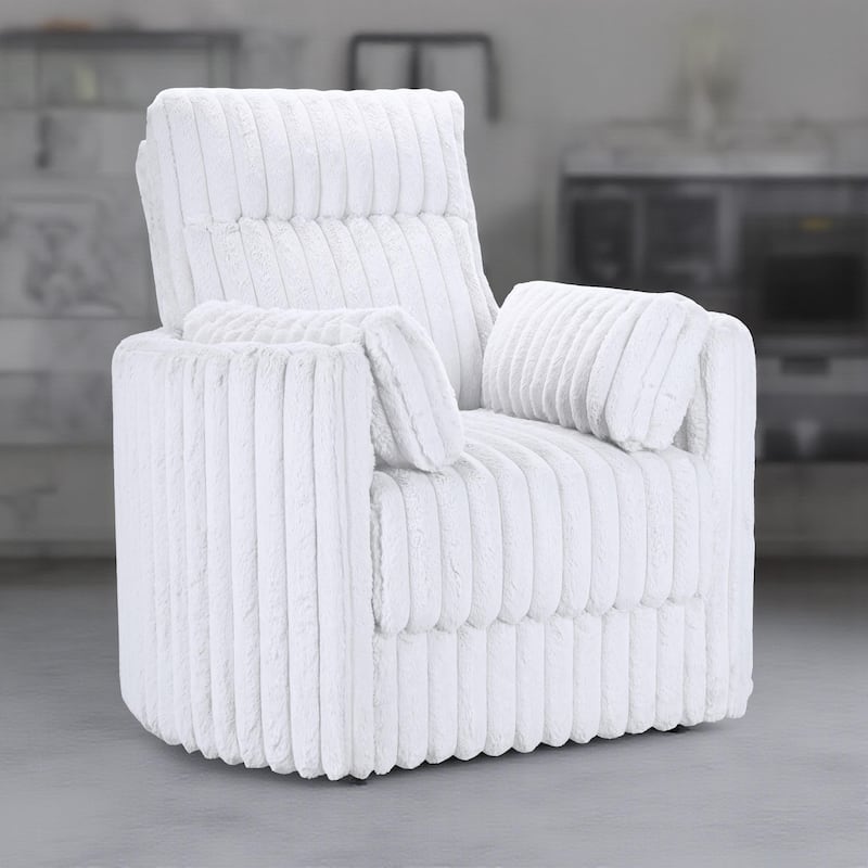 Ezo Swivel Accent Chair, Channel White Polyester Corduroy, 2 Pillows