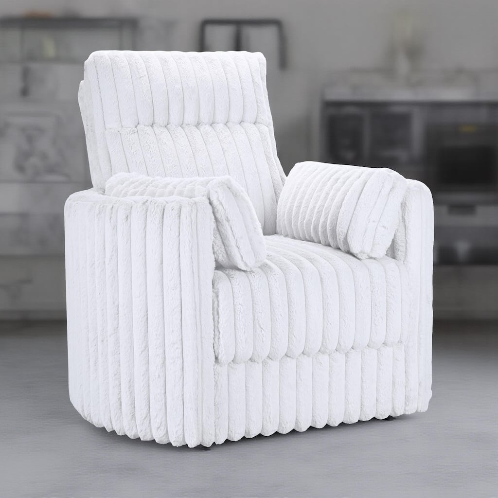 Ezo Swivel Accent Chair, Channel White Polyester Corduroy, 2 Pillows