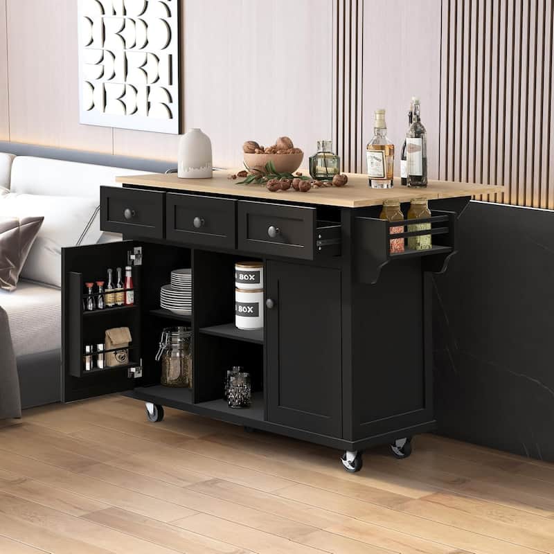 Roomfitters Kitchen Cart with Rubber wood Drop-Leaf Countertop, 5-Wheel Kitchen Island with Storage Cabinet & 3 Drawers