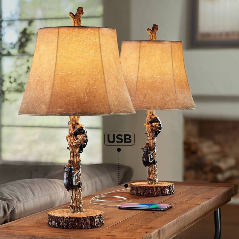 Bears Rustic Style USB Table Lamps Set of 2 - 22" x 11" - 22" x 11" - Brown