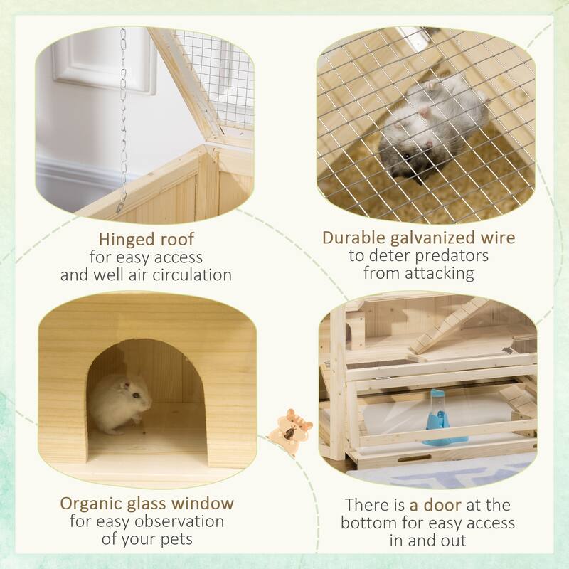 Large 3-Tier Hamster Cage with Clear Walls and Solid Wood Frame Toys and Hideouts for Small Pets - 45.25" L x 23.5" W x 21.75" H