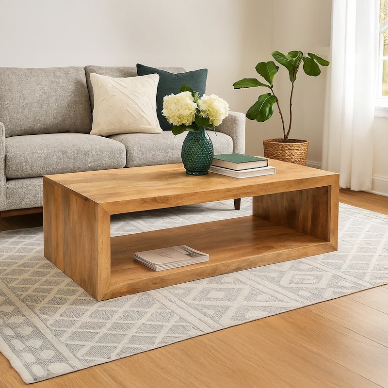 Keli 58 Inch Mango Wood Coffee Table, Open Cube, 1 Shelf, Natural Brown