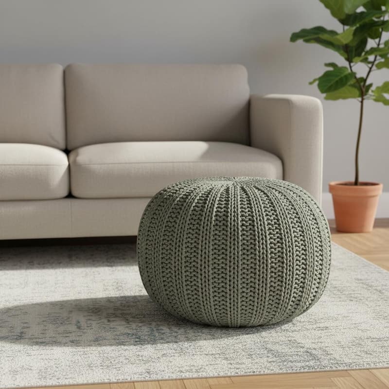 HomeRoots 20" Green Cotton Cable Knit Round Pouf Ottoman - Green - 20.00 in. x 16.00 in.  x 20.00 in.