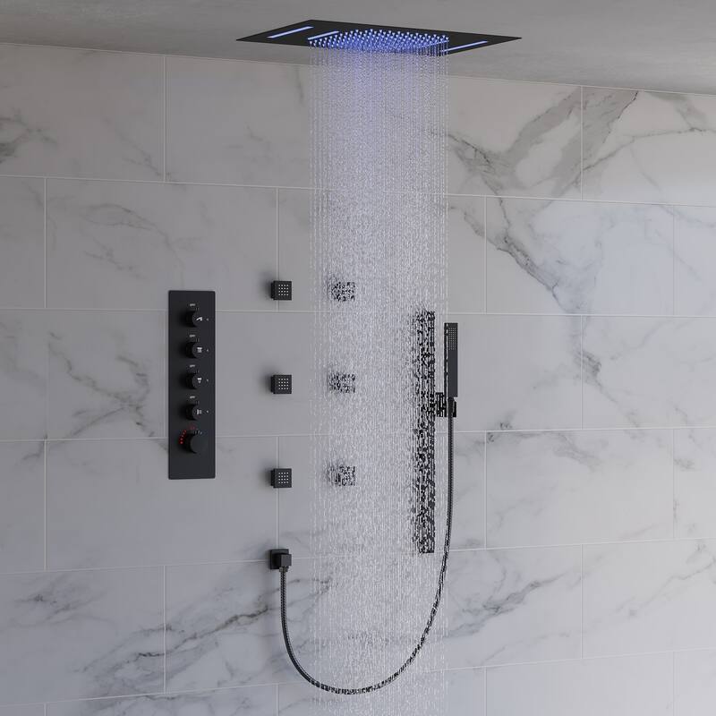 64 Color LED Mood Lighting Thermostatic Shower System with Slide Bar, 23" x15" Bathroom Shower Faucet Set - 22"x15"