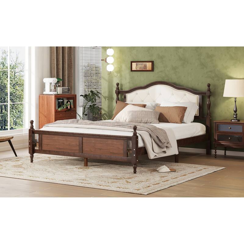 Roomfitters Queen Pine Wood Bed Frame with Upholstered Headboard and Panel Footboard, Reinforced Platform Support Design, Walnut