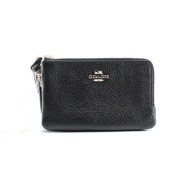 Coach NEW Black Crossgrain Pebble Leather Double Zip Wristlet Wallet