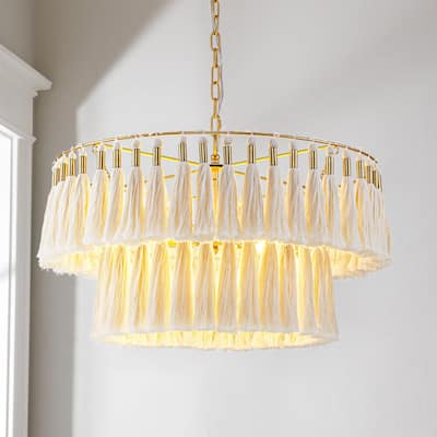 6-Light Bohemian Vintage Off-White Circle Hand-made Cotton Fringes Tiered Chandelier Pendant Light for Living Rooms