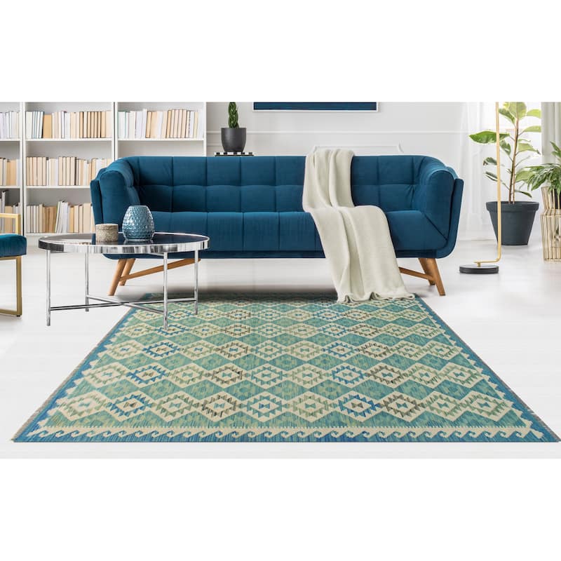 Sun Faded Flatweave Rahmatul Blue-Grey/Ivory Rug - 5'6" x 8'0"