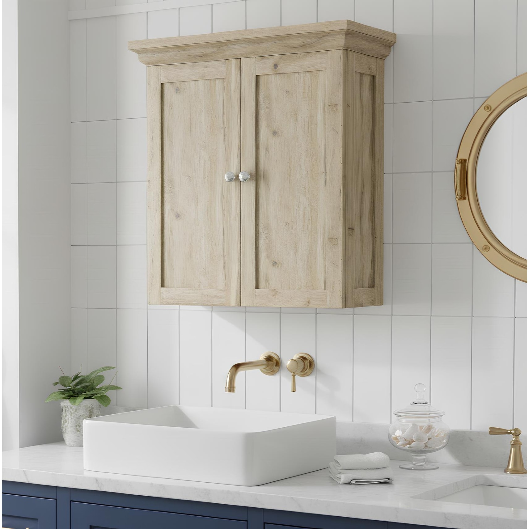 Teamson Home Stratford Removable Wall Cabinet 2 Doors, Adjustable Shelves, Crown Molding, Beveled Inlays for Bathroom Storage