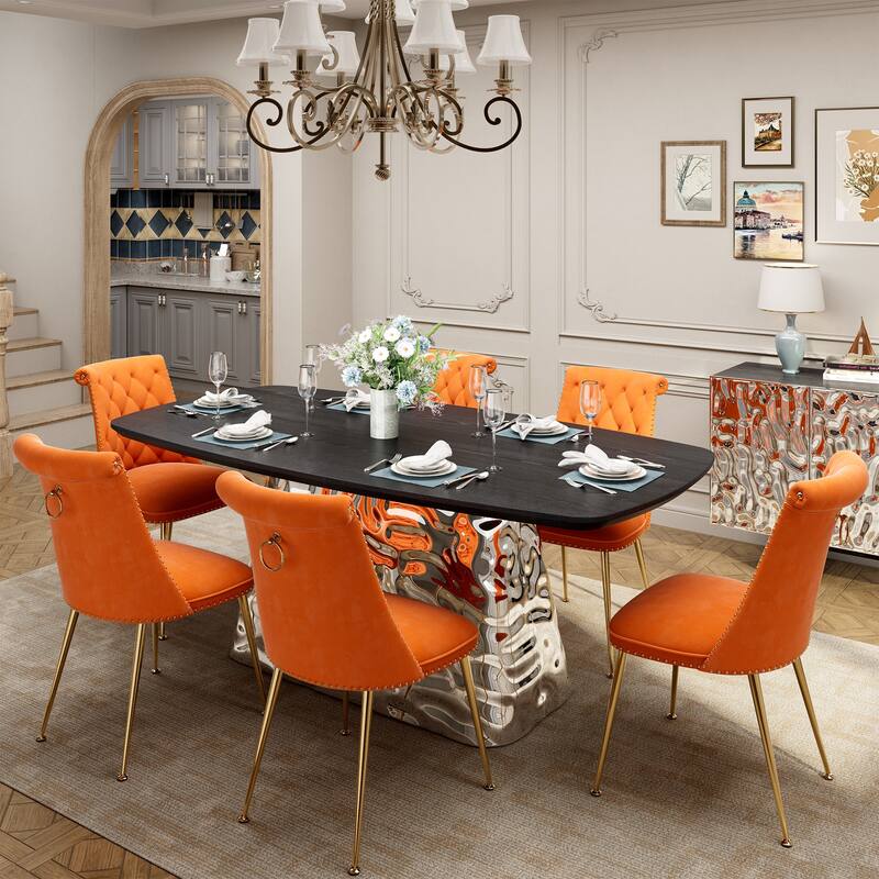 7-Piece Clihome Modern Stainless Steel Table Velvet Chair Dining Set
