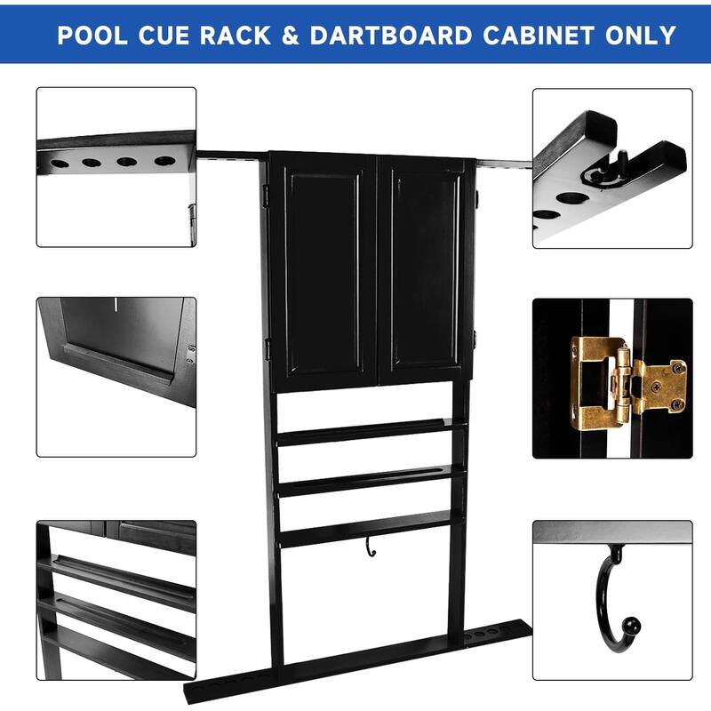 GSE™ 10-Cue Wall Mounting Billiard Cue Rack & Dart Board Cabinet Combination. Hanging Wall Pool Stick Holder & Dartboard Cabinet