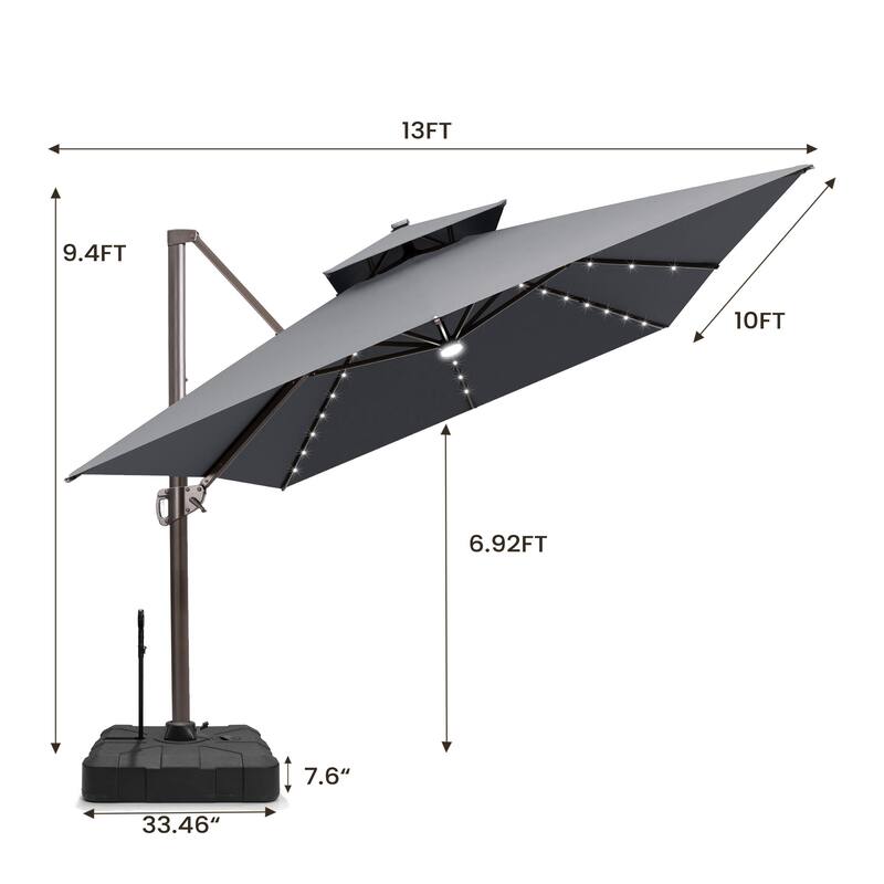 10 X 13 FT Outdoor Patio Cantilever Umbrella with Solar Lights Rod Wheel Base Double Canopy 360 Rotation Tilt